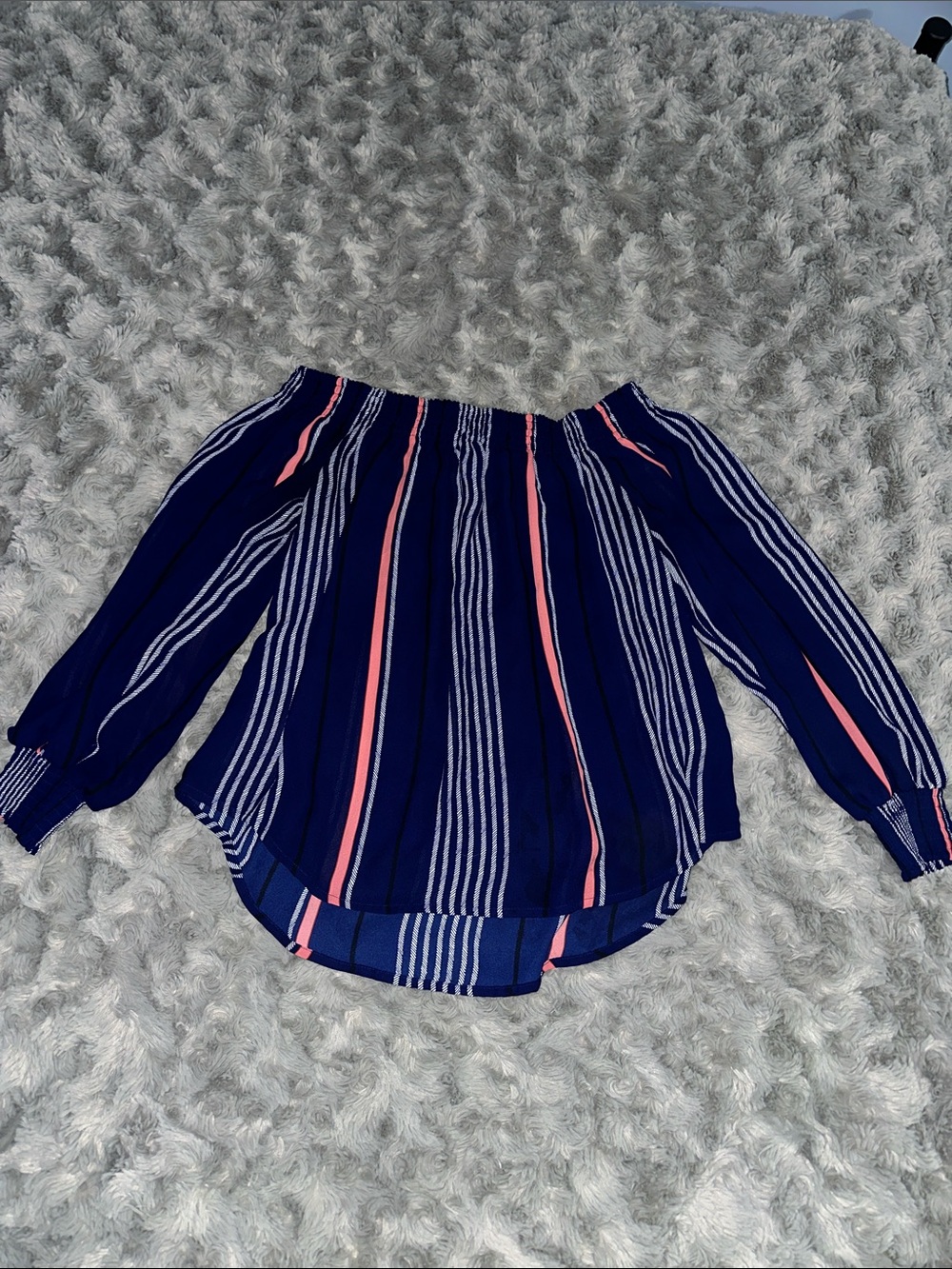 Express Navy Blue Off-Shoulder Blouse with Pink and White Stripes